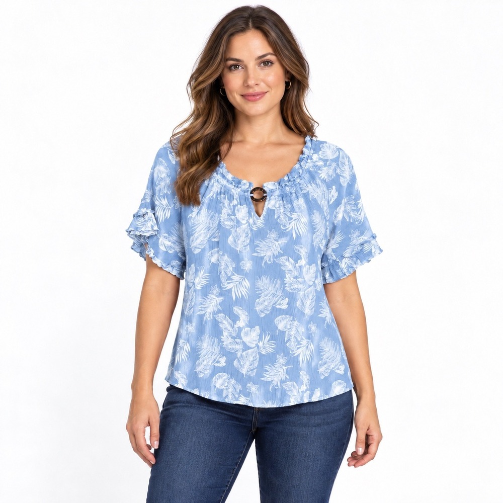 Late August Large Tropical Floral Blue Ruffle Sleeve Top Blouse Rayon